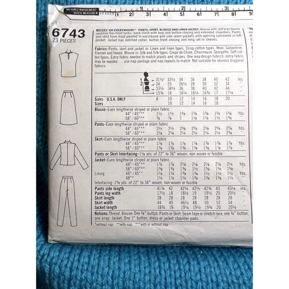 Simplicity 6743 pattern suit blazer top skirt pant 1980s size 10 - Picture 6 of 7